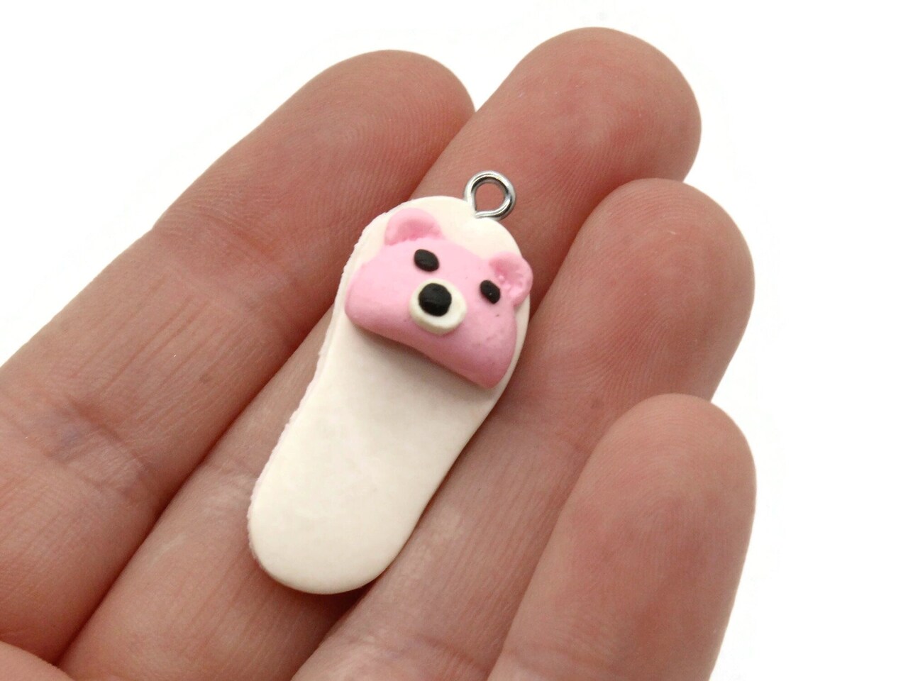 5 34mm White and Pink Teddy Bear Polymer Clay Miniature Slipper Charms